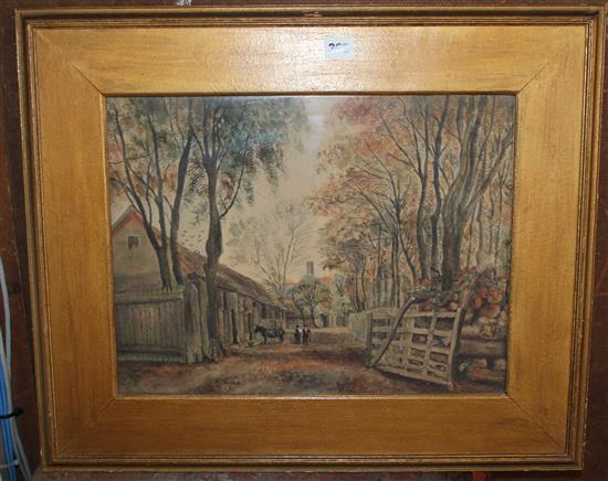 Watercolour, figures in stable yard